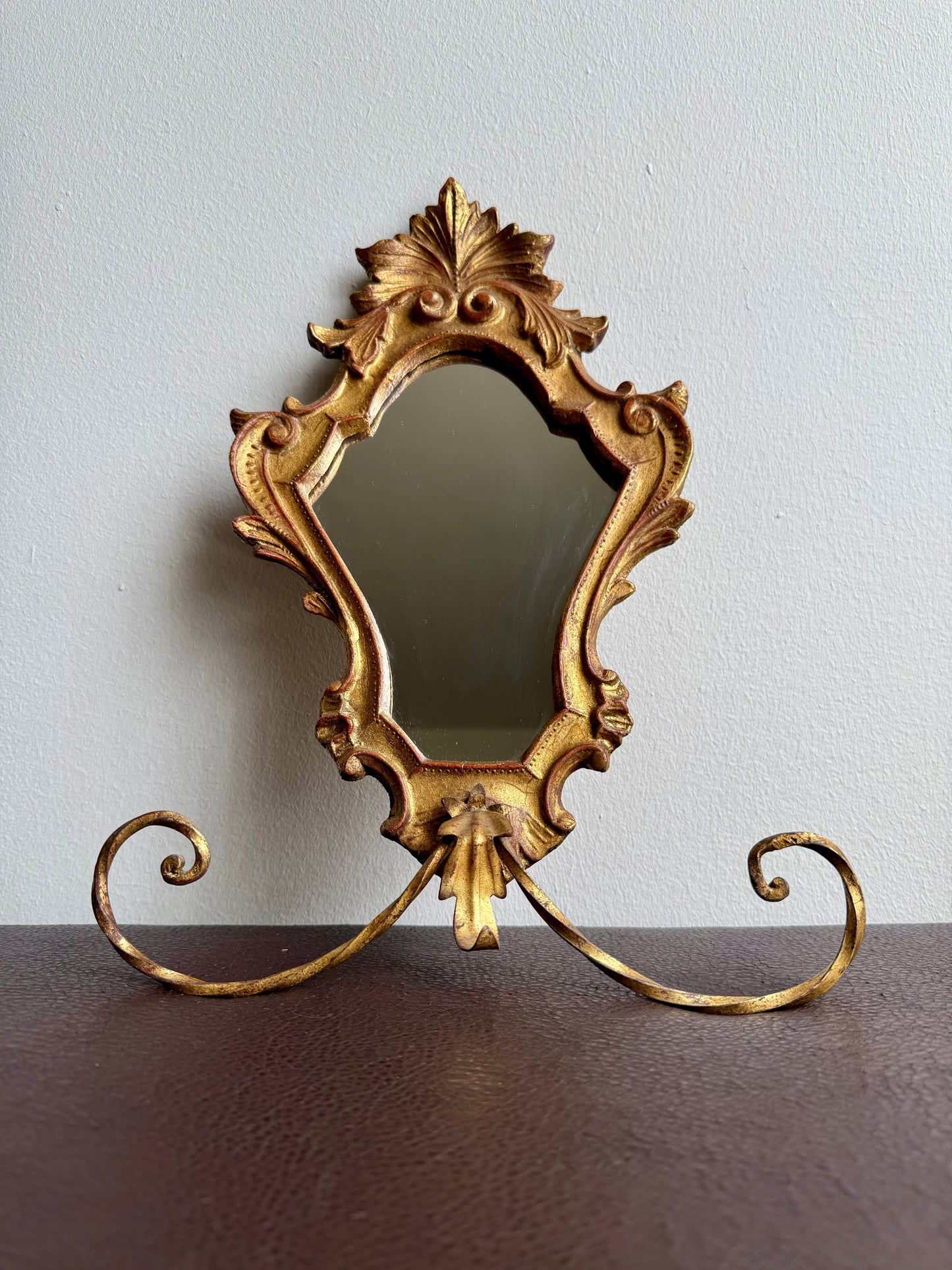 1950s Italian Florentine Rococo Vintage Gilded Wood Wall Mirror with Metal Towel Holder