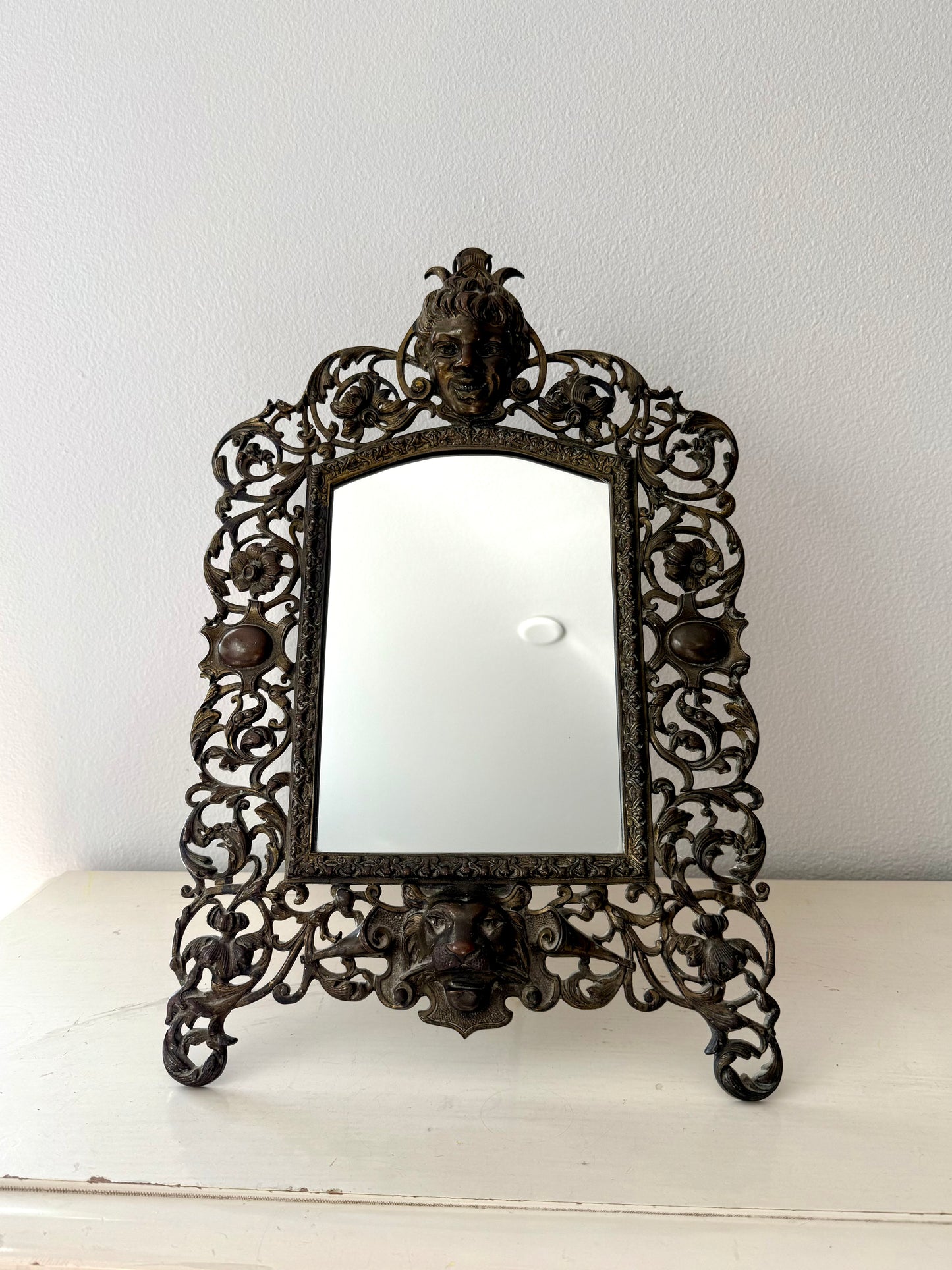 Antique Gilded Cast Iron Cherub and Lion Heads, Victorian French Style Ornate Vanity Table Mirror from Late 19th Century