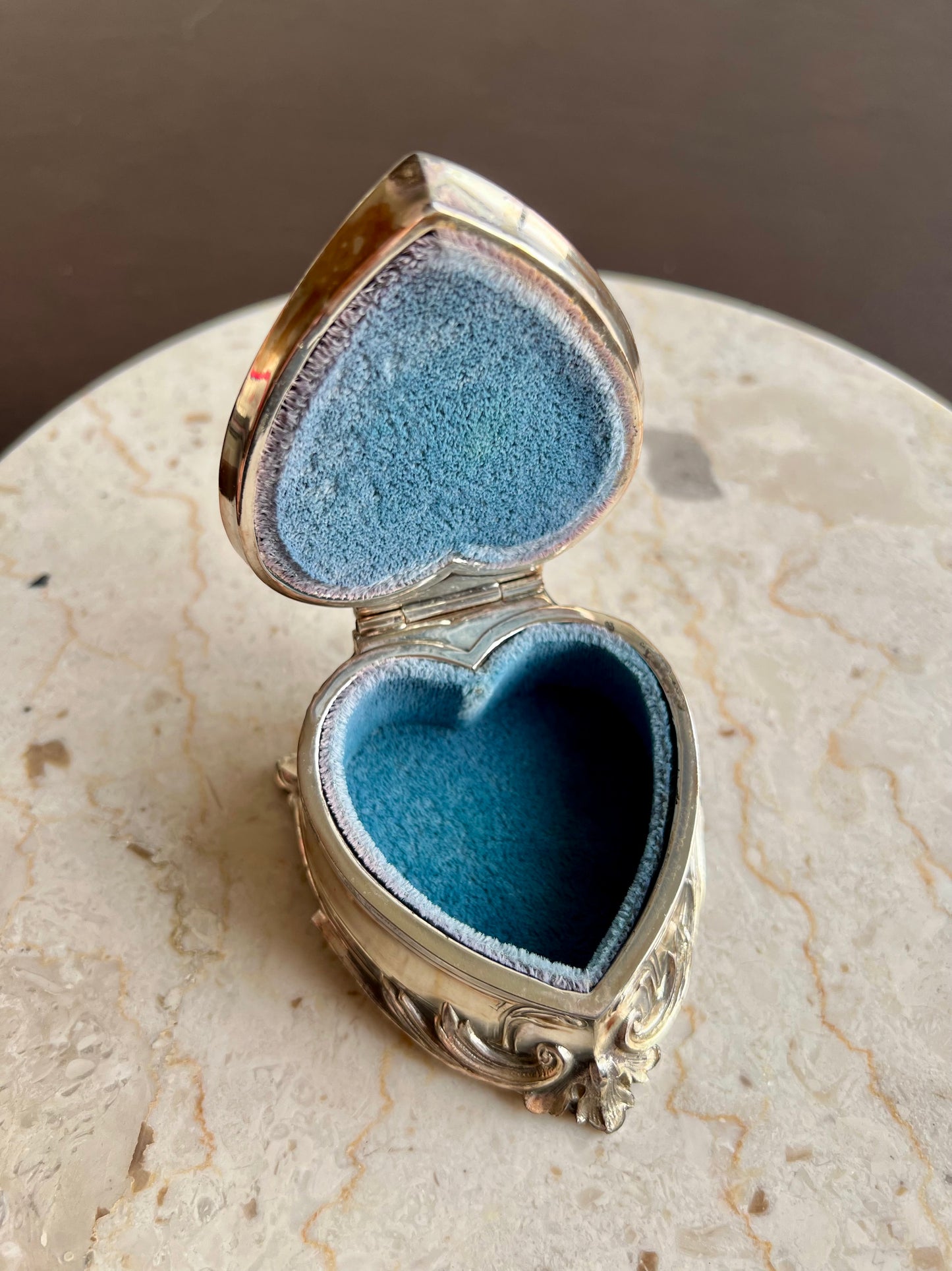 Antique Art Nouveau Silver Plated Heart Shaped Vintage Jewelry Ring Holder, Trinket Box, Blue Velvet Lined Interior