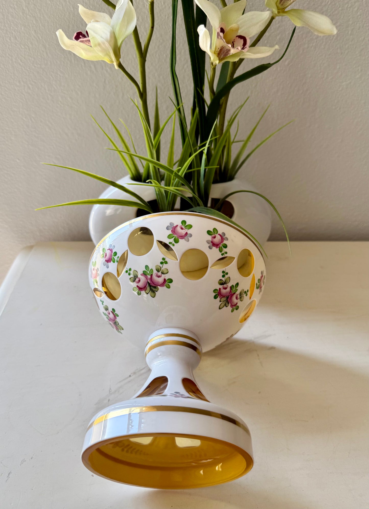 Bohemian Vintage Moser Style Czech Republic Cut Glass Bowl and Floral Painted Candy or Fruit Dish