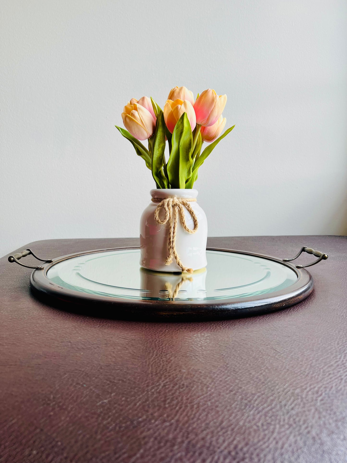 Big Wooden Table Mirror Tray Round Shaped with Two Brass Handles