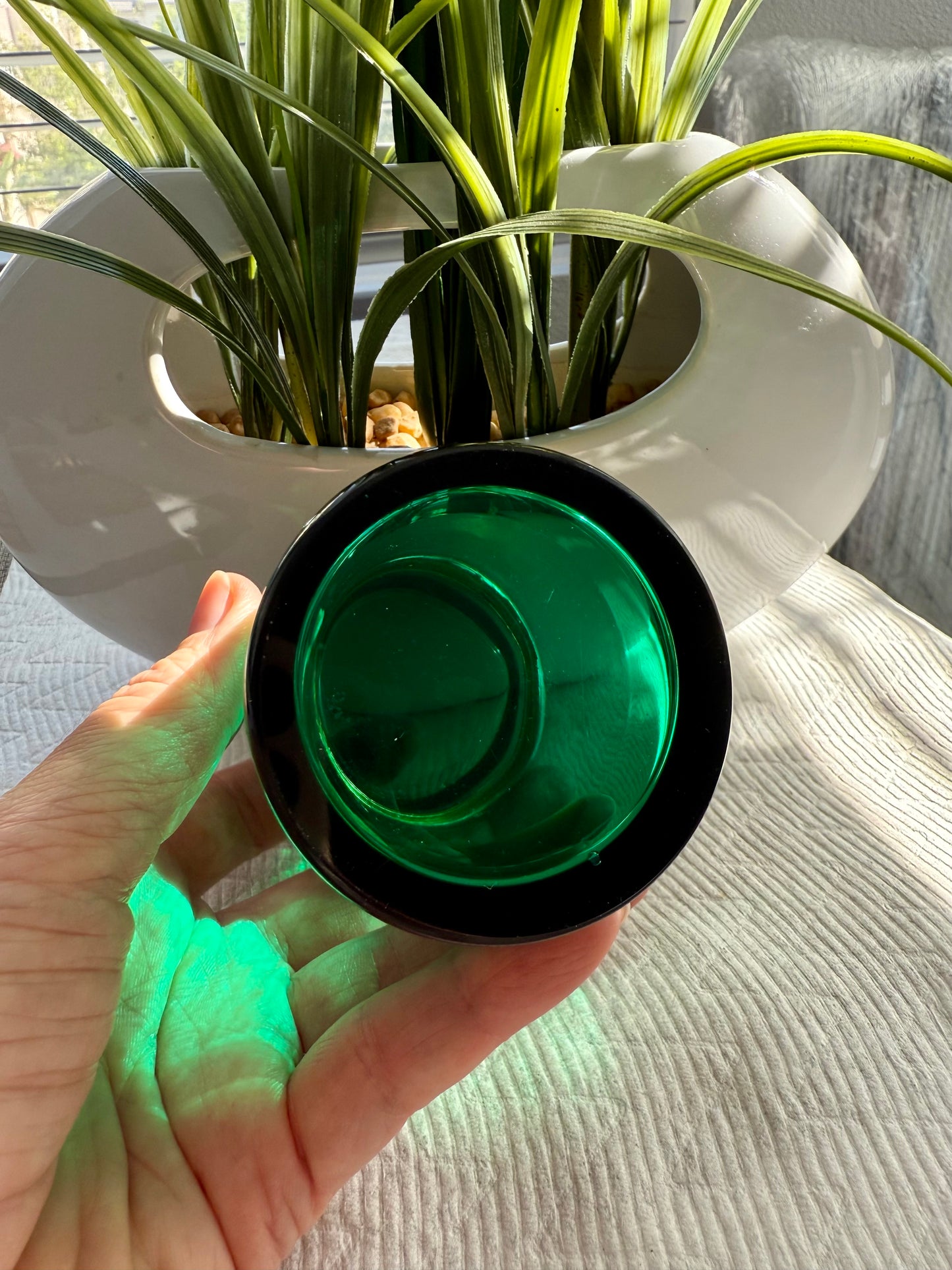 Antique Emerald Green Italian Murano Glass Cylindrical Jewelry or Trinket Box with Bronze Dore Gold Brass Mounts