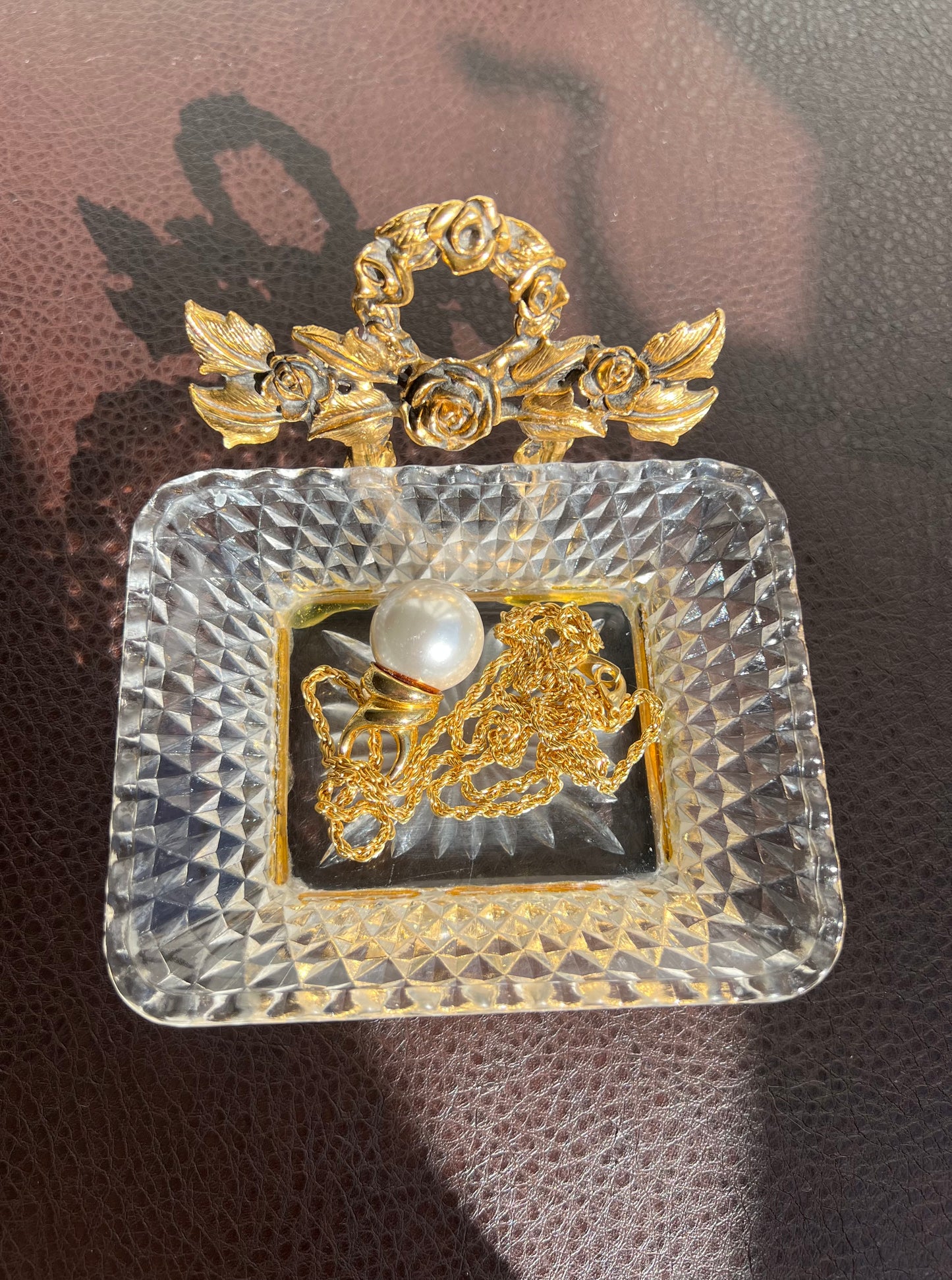 Hollywood Regency Gold Roses Designed with Cut Glass Soap Dish