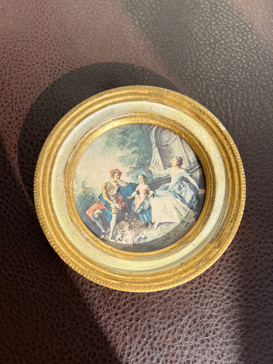 Miniature Italian Round Shaped Vintage Florentine Gilt Wood Framed Romantic Print