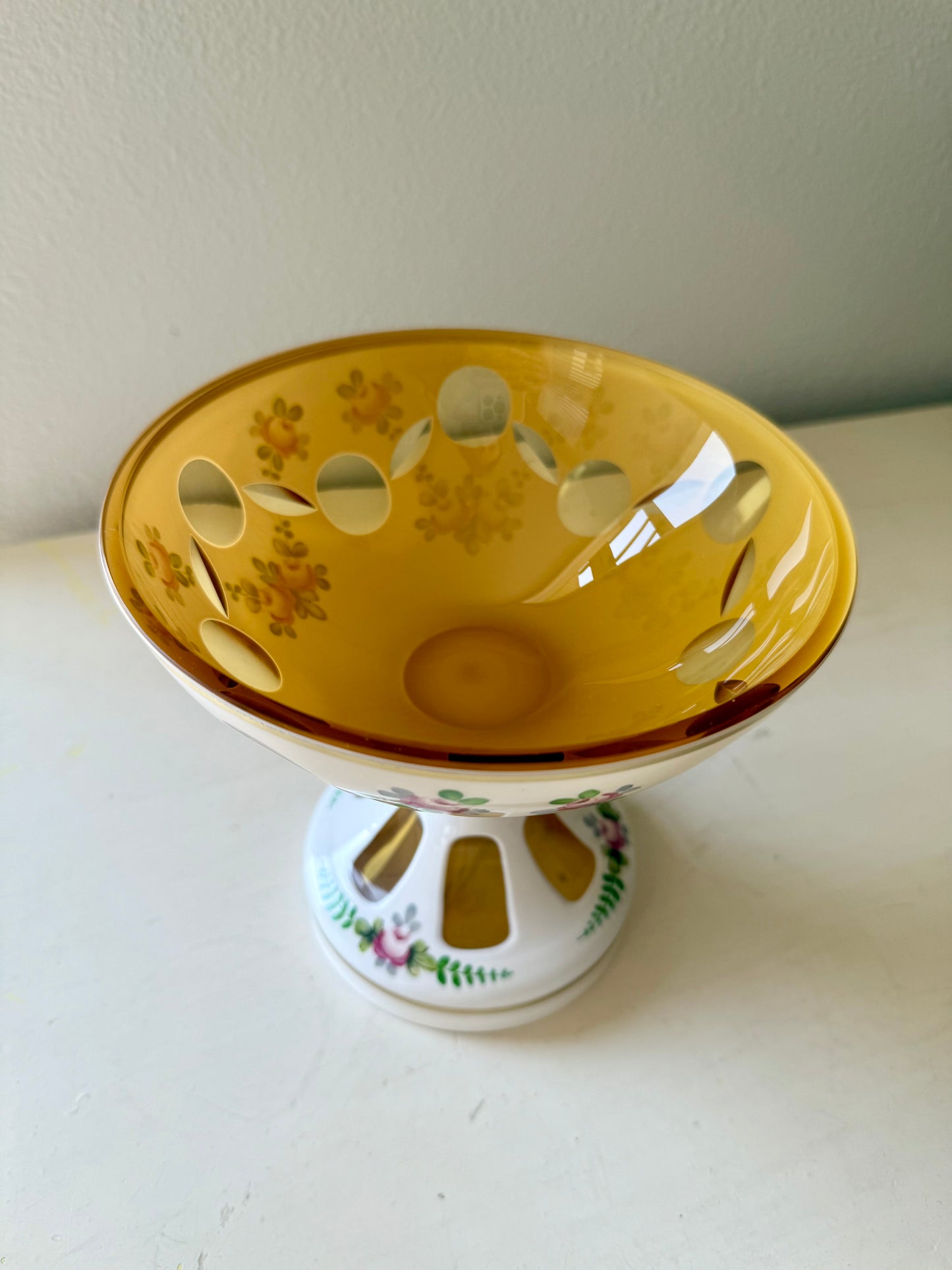 Bohemian Vintage Moser Style Czech Republic Cut Glass Bowl and Floral Painted Candy or Fruit Dish