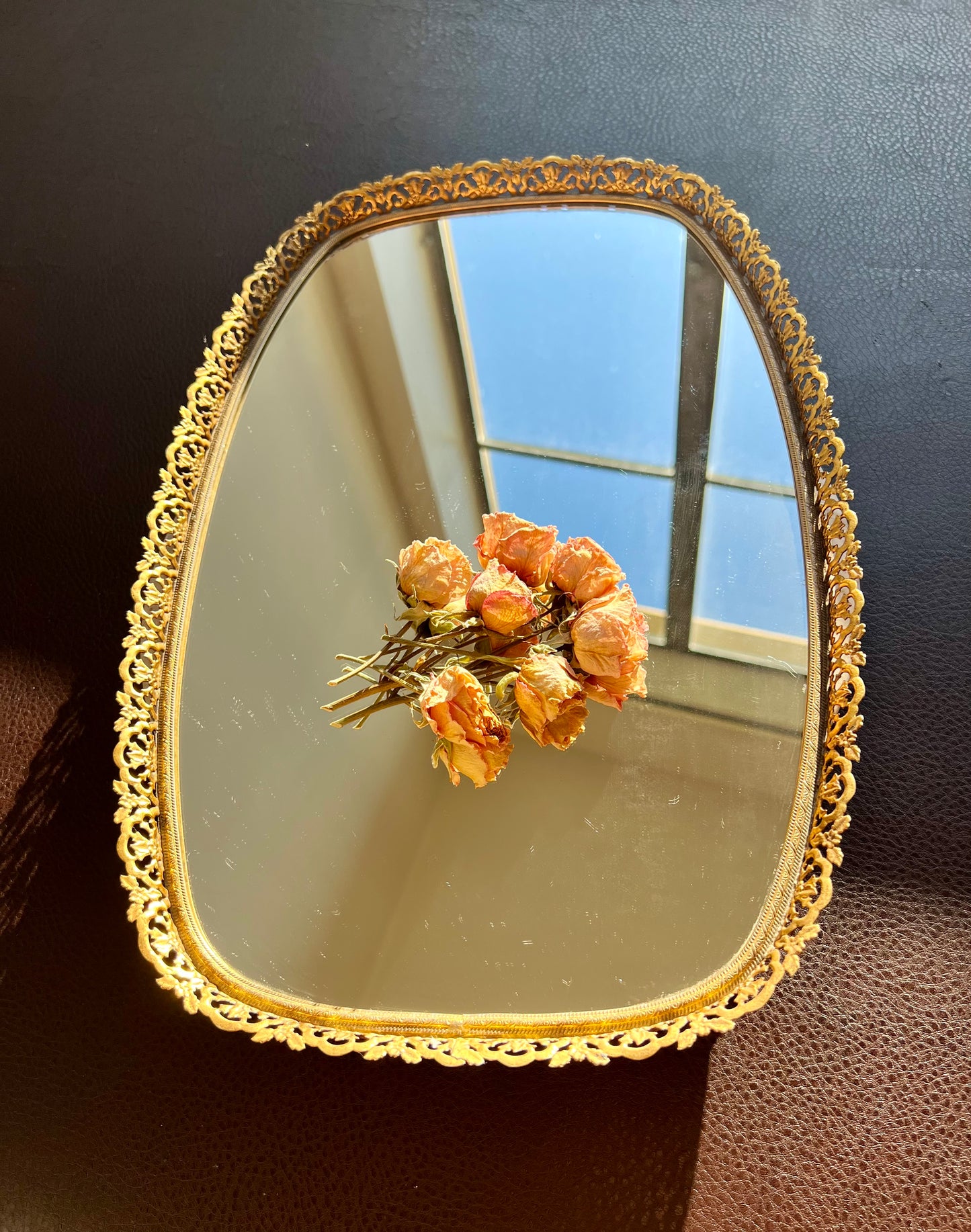 Mid Century Gold Brass Vintage Ormolu Vanity Perfume Tray Oval Mirror - Hollywood Regency