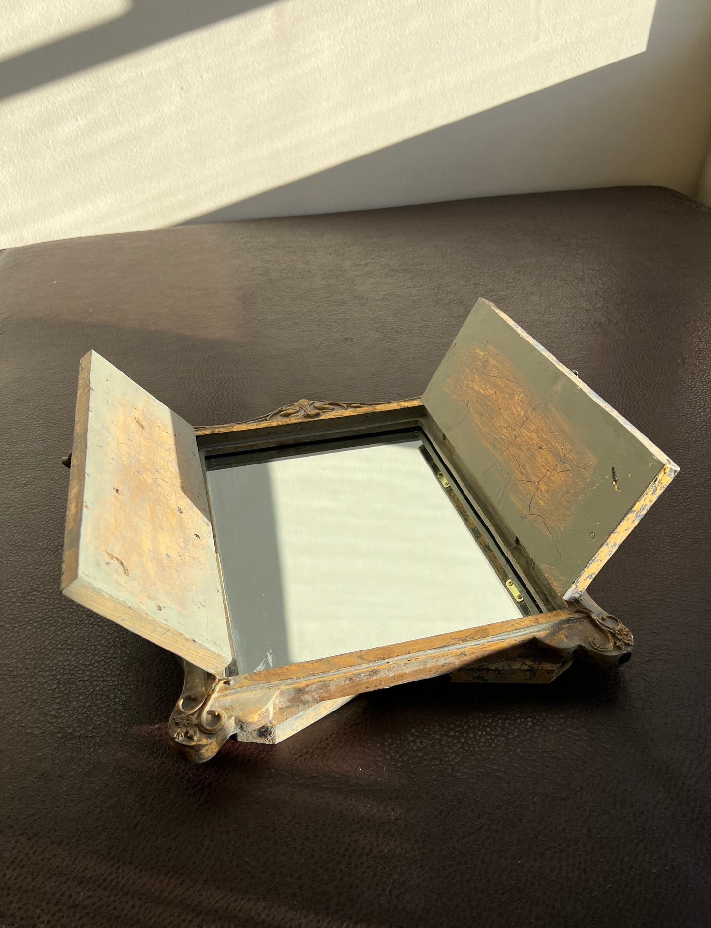 Antique Wood Look Framed Window Mirror With Open Doors