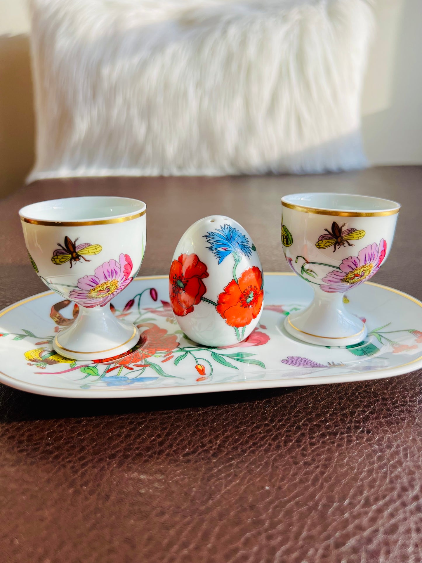 1980s Gucci Bernardaud Limoges Floral & Butterfly Print Porcelain Egg Cup and Salt Shaker Set, Made in France