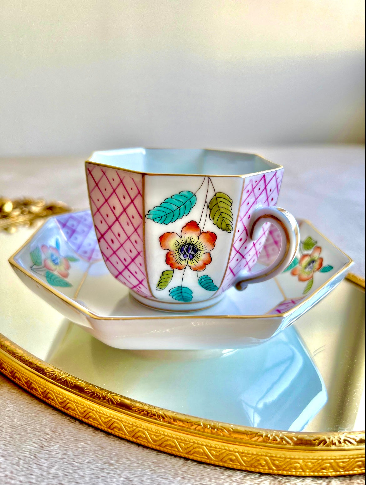 Very Unique Limoges France Vintage Porcelain Tea or Coffee Cup with Saucer & Floral Design, Decorated in Italy