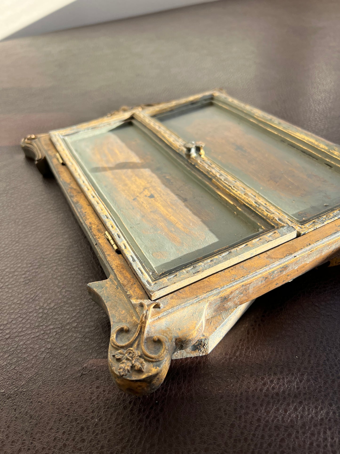 Antique Wood Look Framed Window Mirror With Open Doors