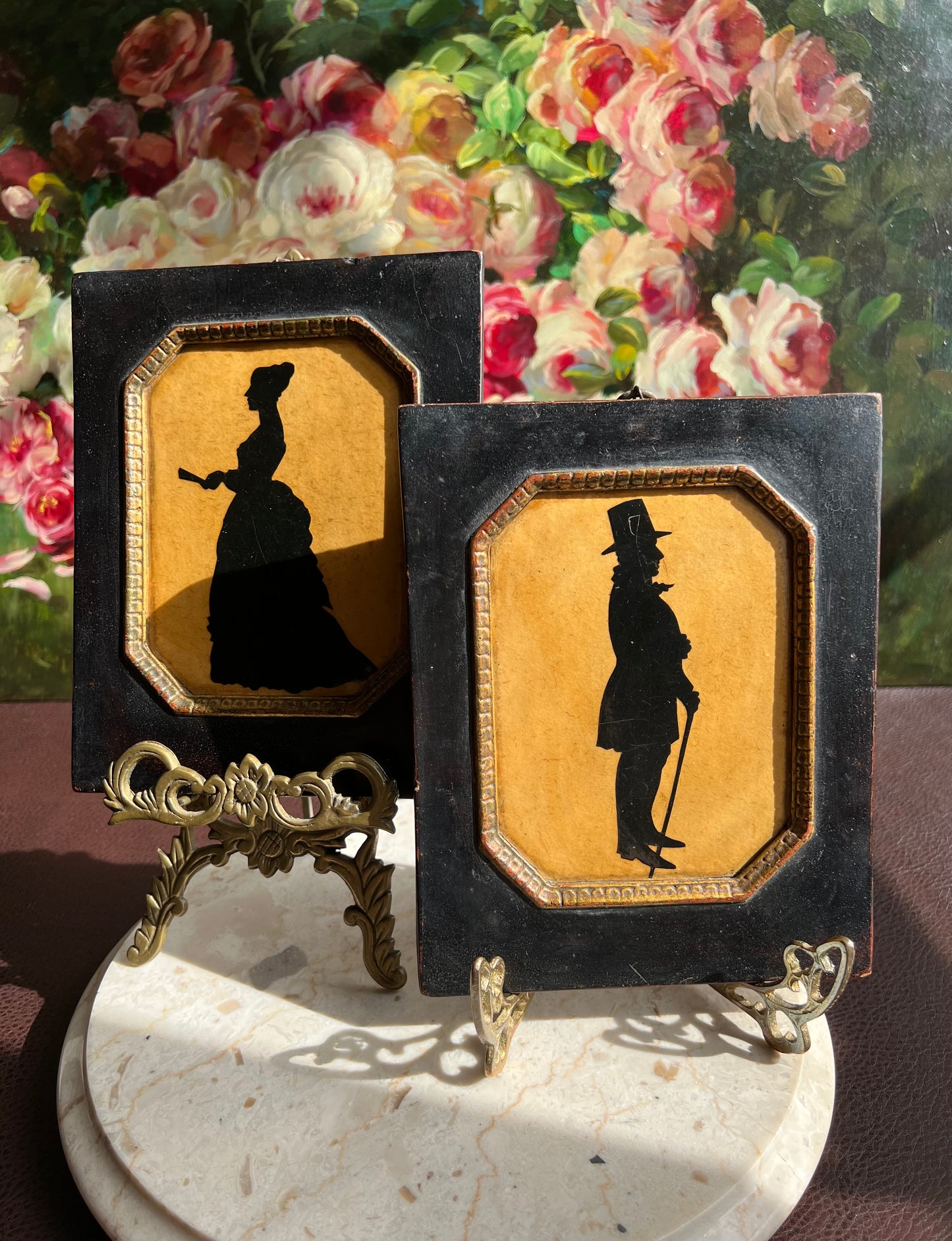 Antique Style Borghese Silhouette Plaque Portrait of a Victorian Lady and Gentleman with Wooden Framed (2 pc, a pair)