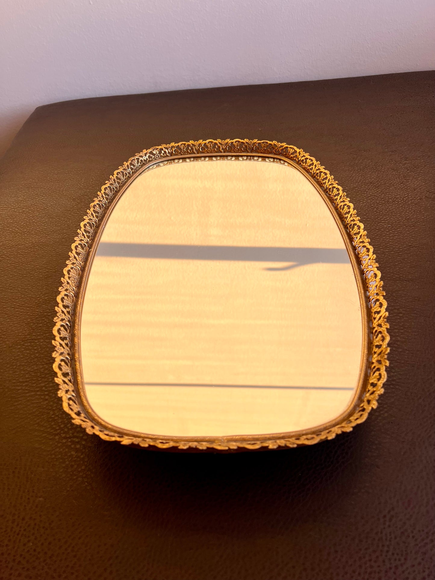 Mid Century Gold Brass Vintage Ormolu Vanity Perfume Tray Oval Mirror - Hollywood Regency