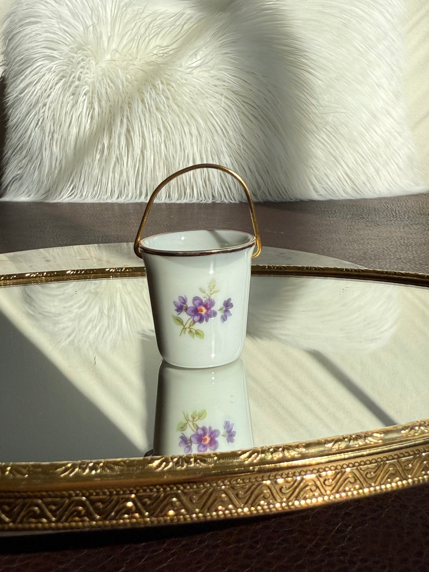 Limoges Miniature Vintage Porcelain Bucket/ Pail with Handle, Decorated with a Courting Couple, Made in France