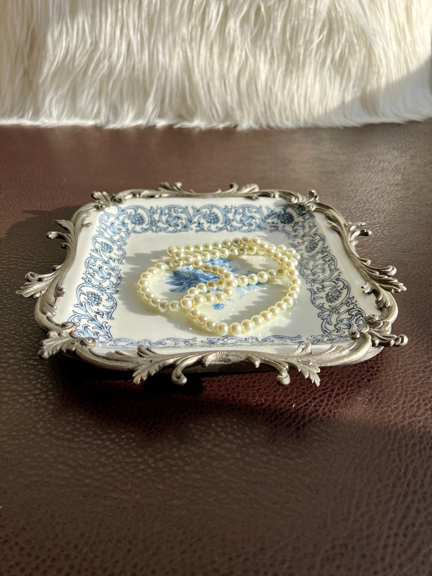 Bavaria Blue Floral Porcelain Square Plate with Decorative Metal Border