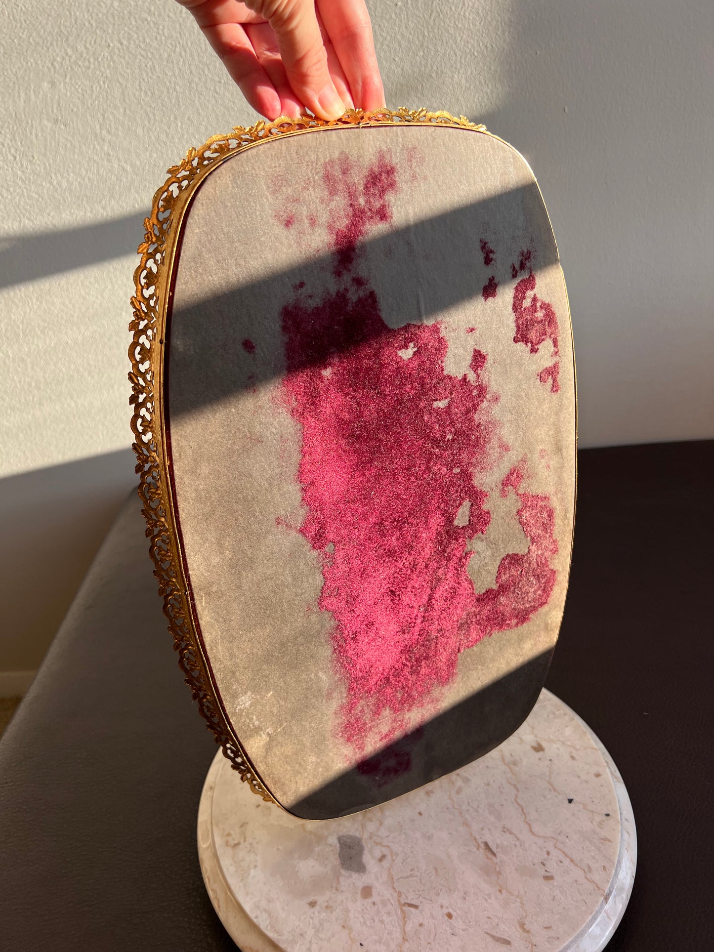Mid Century Gold Brass Vintage Ormolu Vanity Perfume Tray Oval Mirror - Hollywood Regency