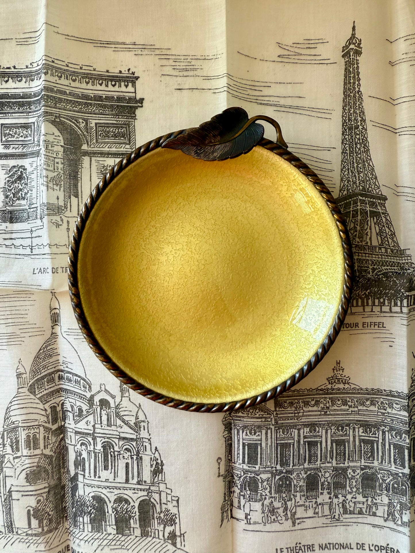 Vintage 1950s Small Yellow Round Guilloche Ashtray, Enamel on Metal Dish/ Plate or Jewelry Holder Tray with Leaf Decoration by Evans