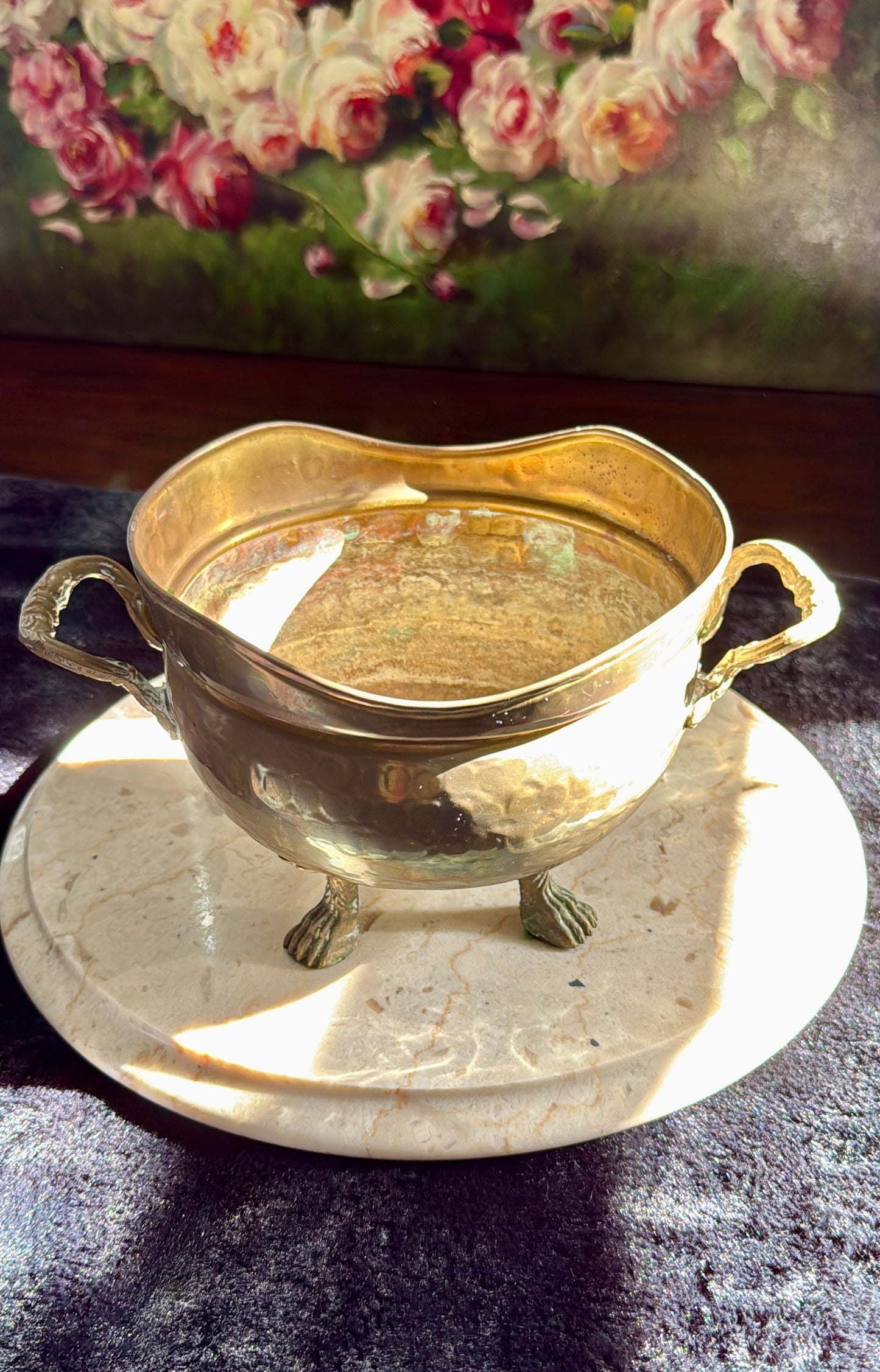 Vintage Brass Flower Pot or Planter with Handles and Four-Legged Lion Paws - Made in Spain