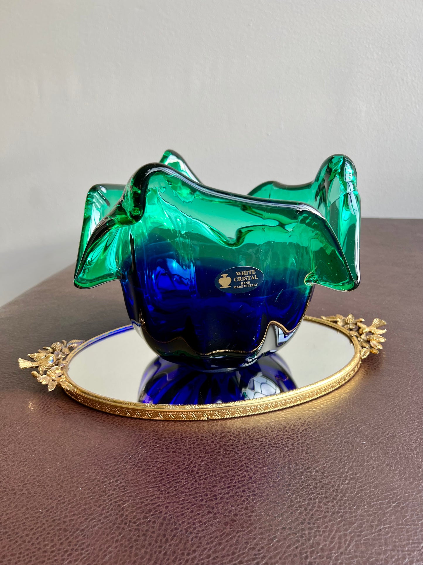 MURANO Blue and Green Extra Large Vintage White Crystal Glass Bowl, Decorative Dish or Vase - Made in Italy