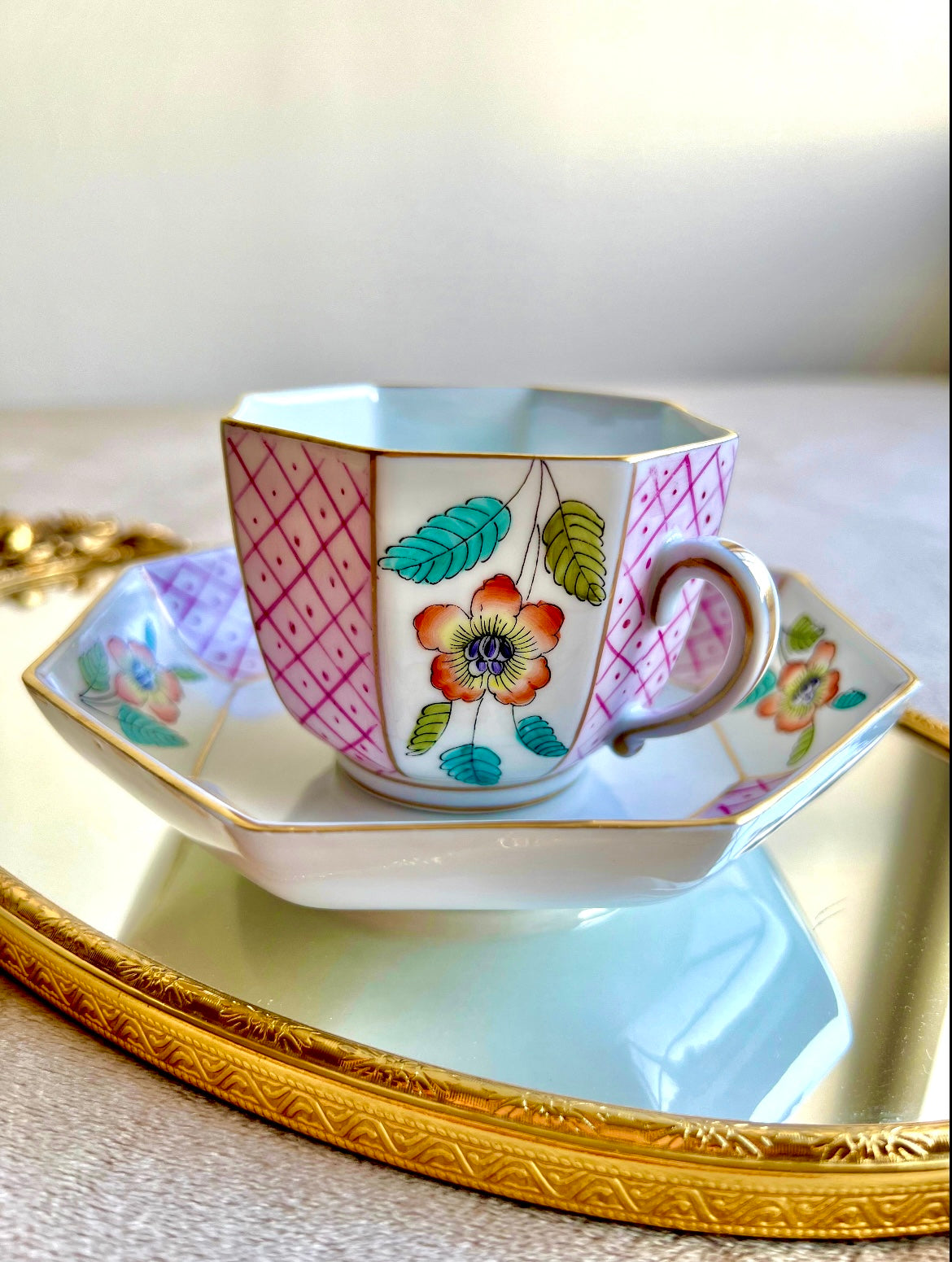 Very Unique Limoges France Vintage Porcelain Tea or Coffee Cup with Saucer & Floral Design, Decorated in Italy