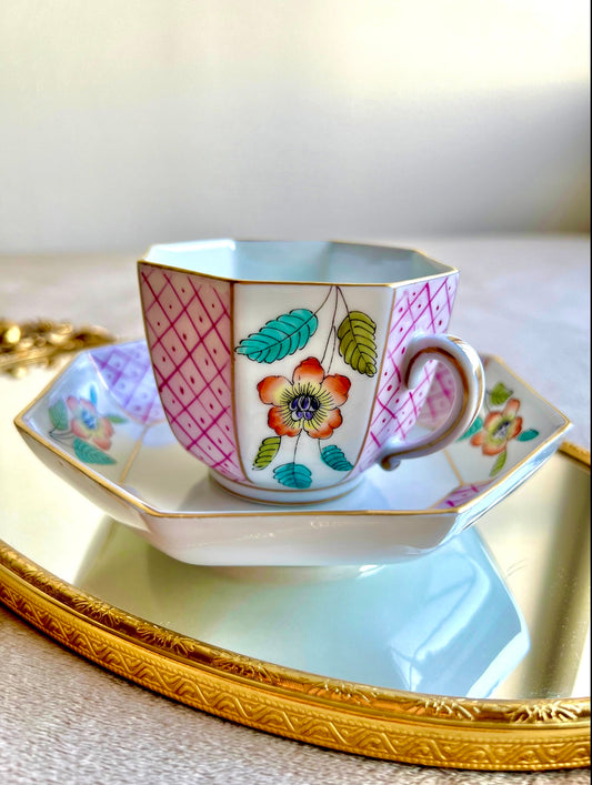 Very Unique Limoges France Vintage Porcelain Tea or Coffee Cup with Saucer & Floral Design, Decorated in Italy
