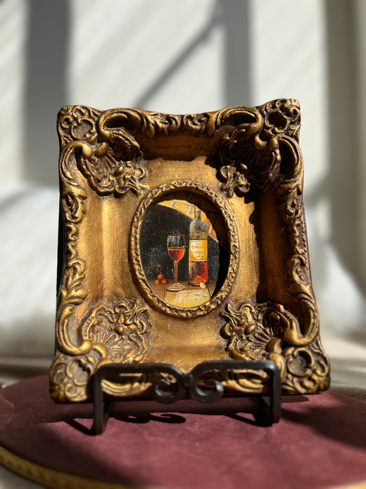 Glass and a Bottle of Wine Vintage Mini Oil Painting with Gilded Wooden Frame