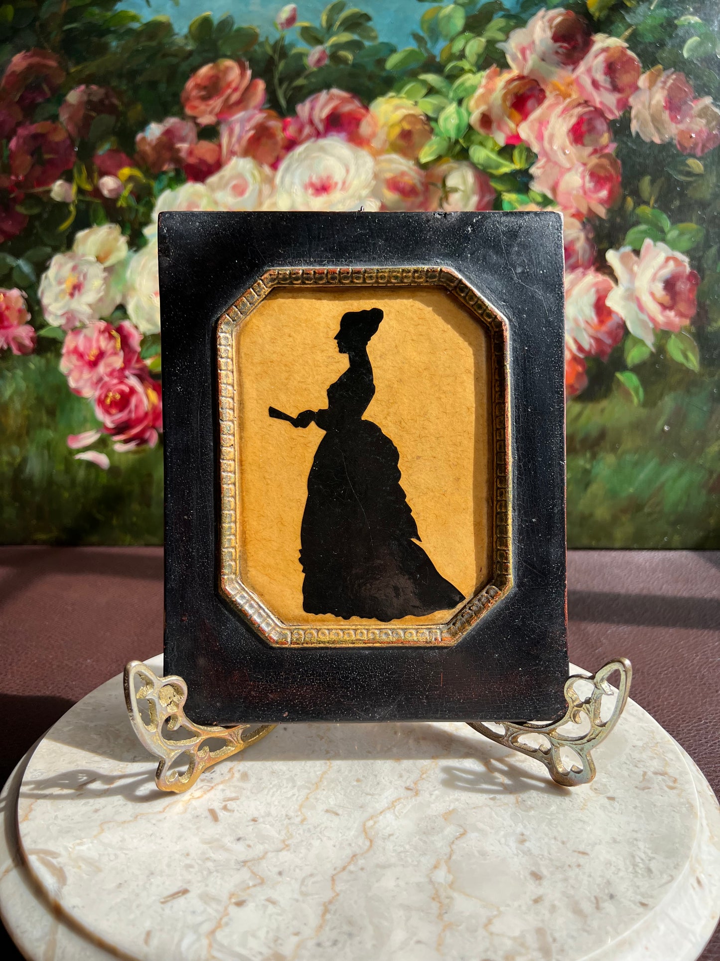 Antique Style Borghese Silhouette Plaque Portrait of a Victorian Lady and Gentleman with Wooden Framed (2 pc, a pair)