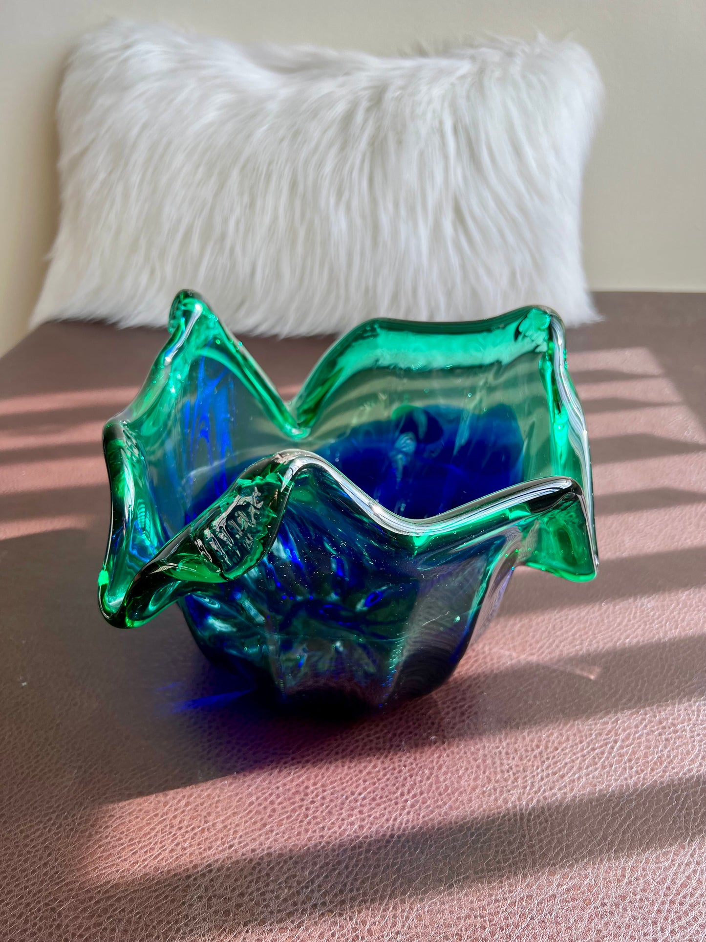 MURANO Blue and Green Extra Large Vintage White Crystal Glass Bowl, Decorative Dish or Vase - Made in Italy