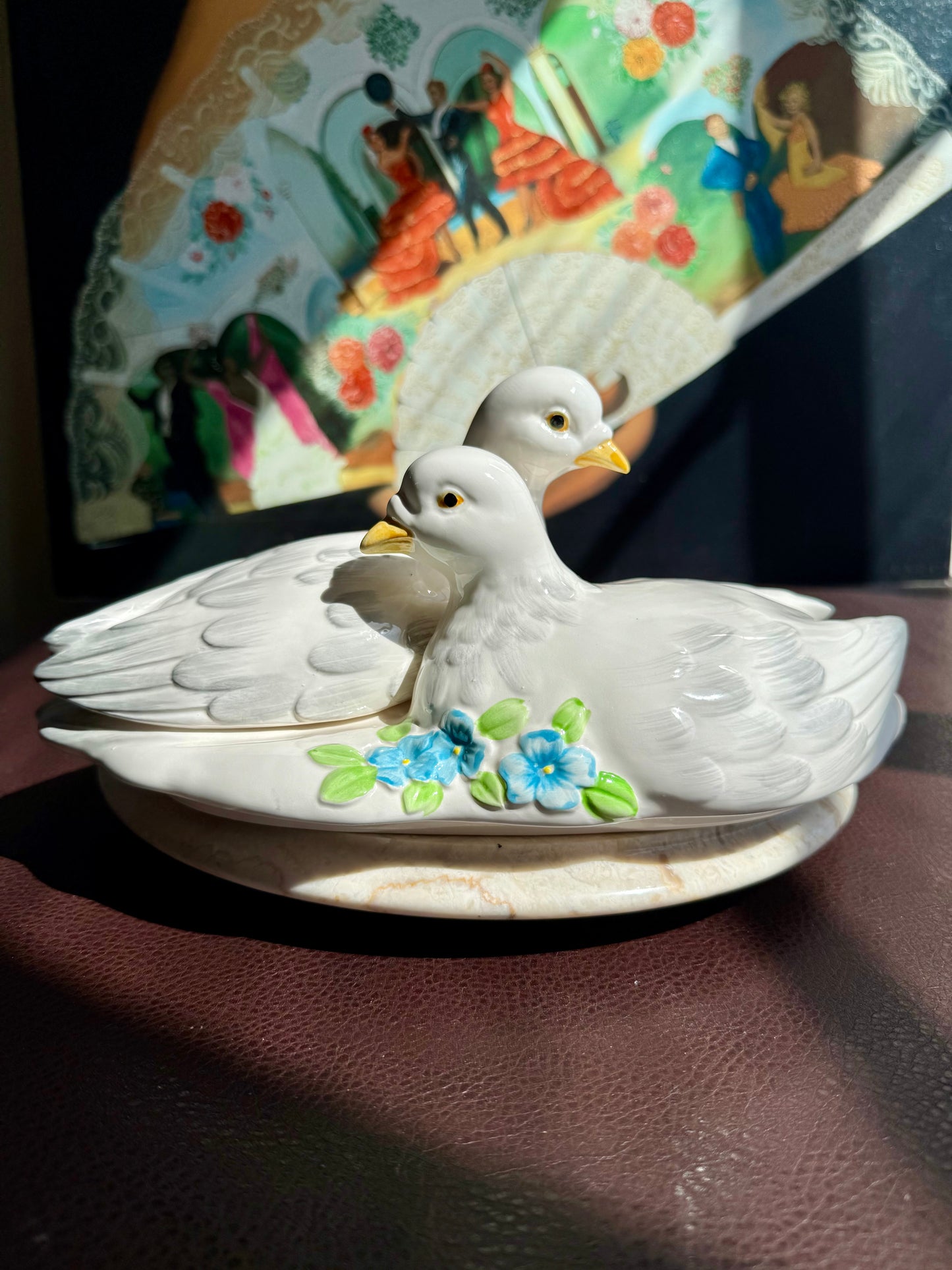 Dove Couple & Forget Me Not Flower Figural Hand Painted Vintage White Ceramic Serving Dish or Soup Tureen, Made in Japan