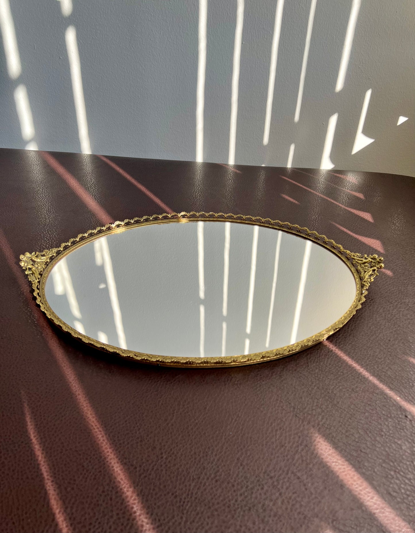 Cherubs Angels Brass Gold Vintage Ormolu Mirror Vanity Tray Oval