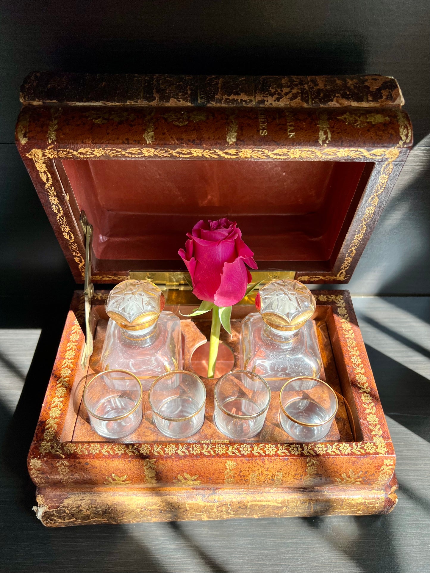 Antique Early 20th Century French Leather Book Tantalus Box with 4 Shot Glasses and 2 Decanters