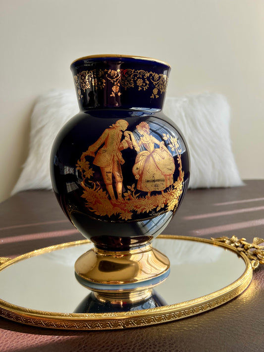 Limoges 22K Gold and Cobalt Blue Decorative Vintage Porcelain Glazed Vase - Made in France