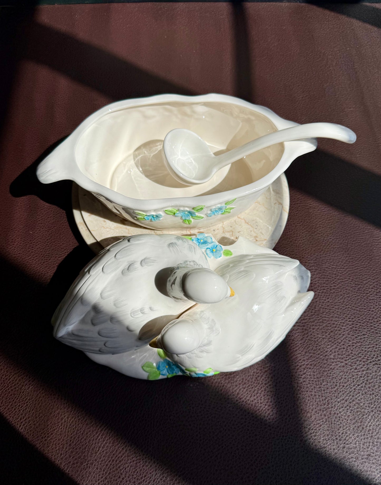 Dove Couple & Forget Me Not Flower Figural Hand Painted Vintage White Ceramic Serving Dish or Soup Tureen, Made in Japan