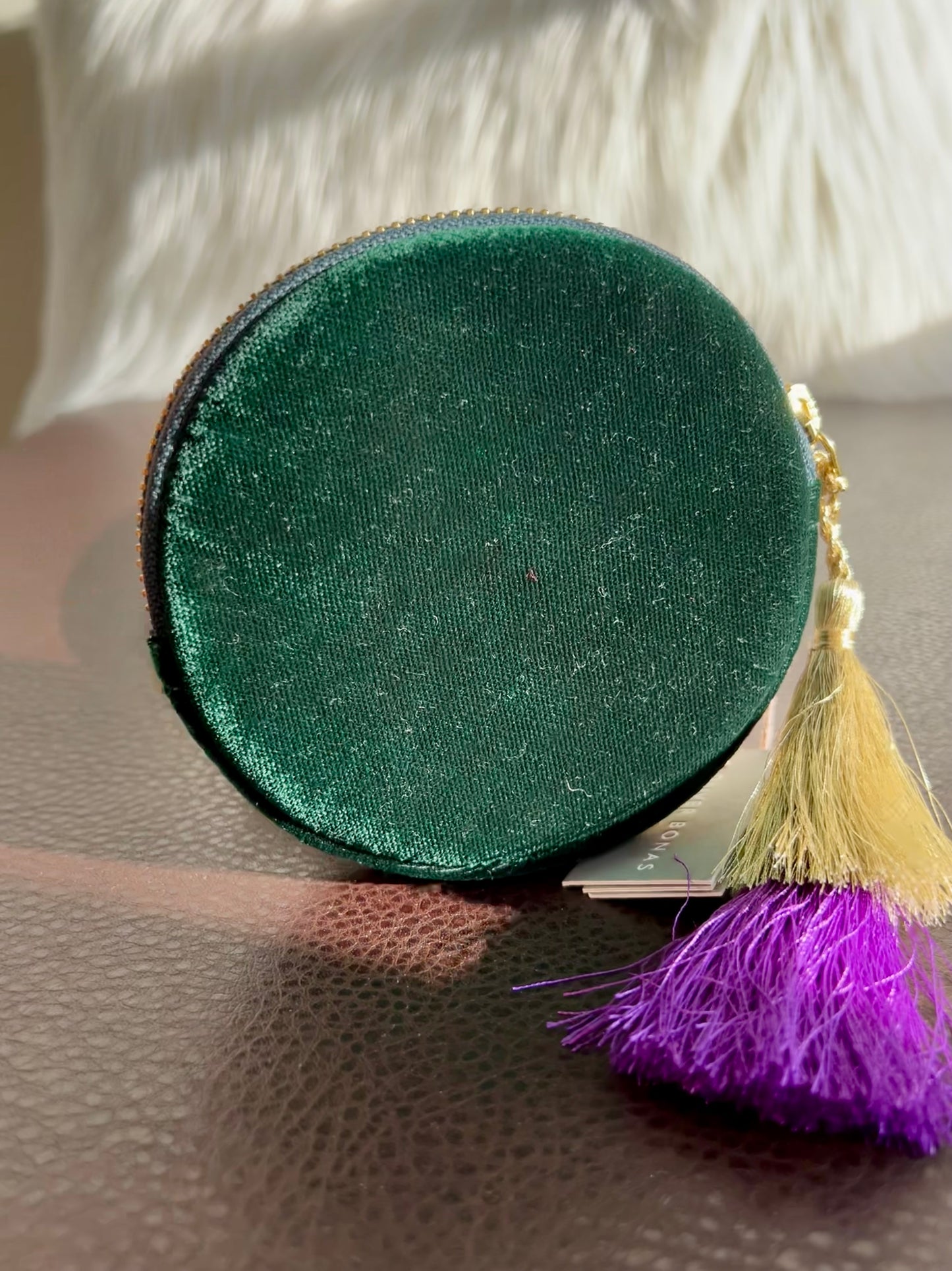 Round Beaded Mini Makeup Case Dark Green Plush Purse/ Bag with Floral Motif Decoration