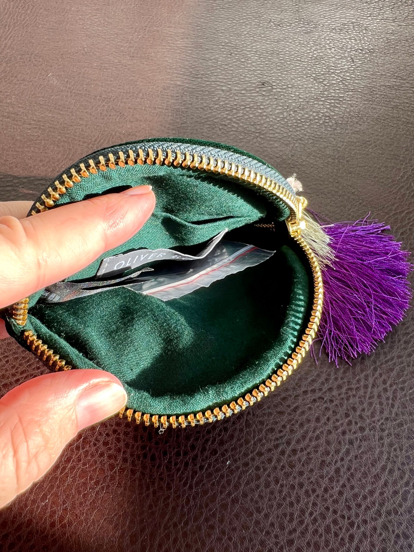 Round Beaded Mini Makeup Case Dark Green Plush Purse/ Bag with Floral Motif Decoration