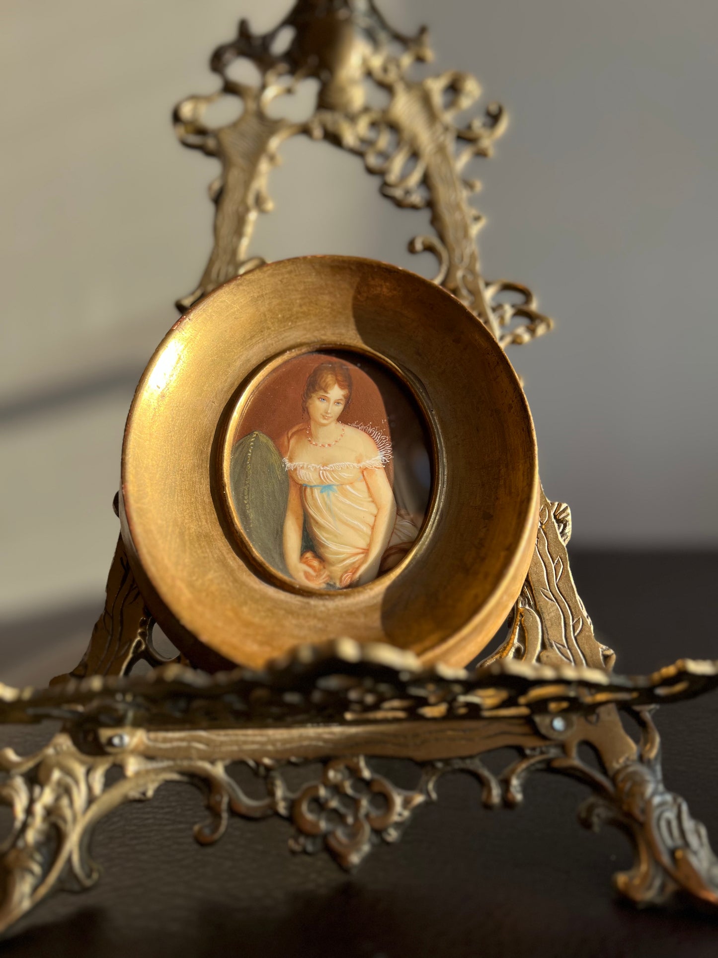 Antique/ Vintage Miniature Italian Original, Signed Hand Painted Portrait, Lady in Nightgown with Gilded Wooden Frame
