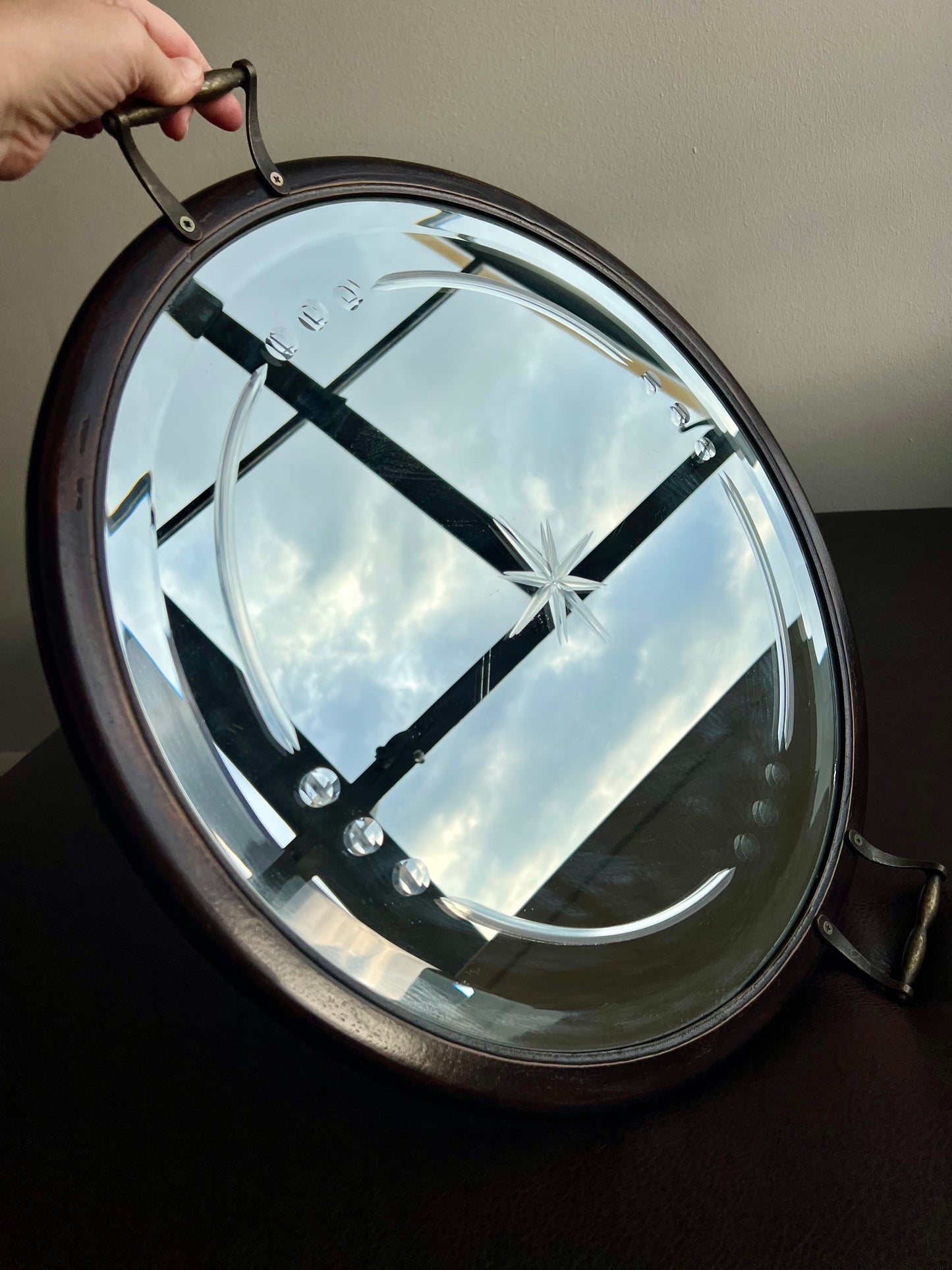 Big Wooden Table Mirror Tray Round Shaped with Two Brass Handles