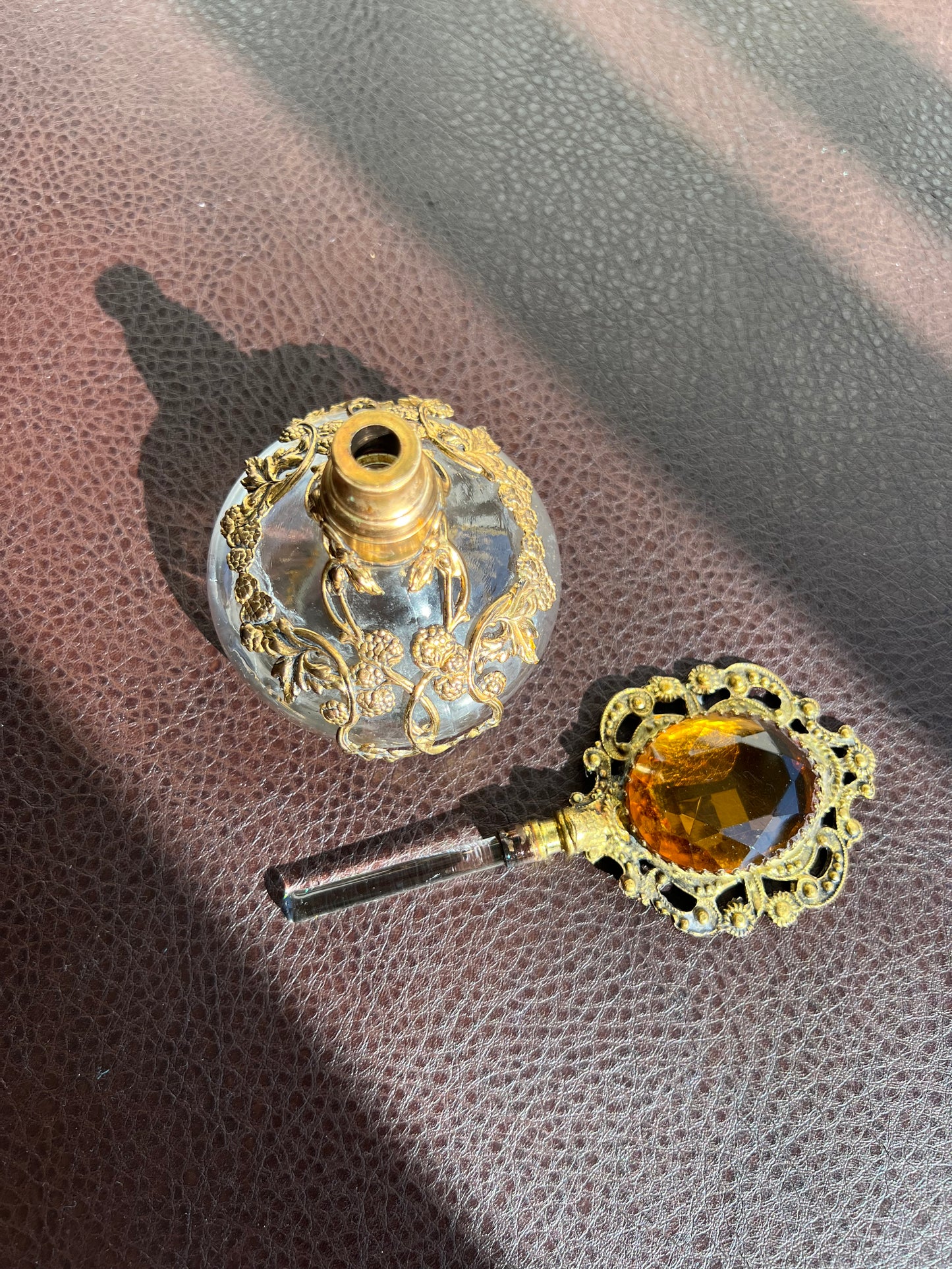 Gold Plated Ornate Perfume Bottle with Topaz Color Stone and Dauber, Ormolu Filigree