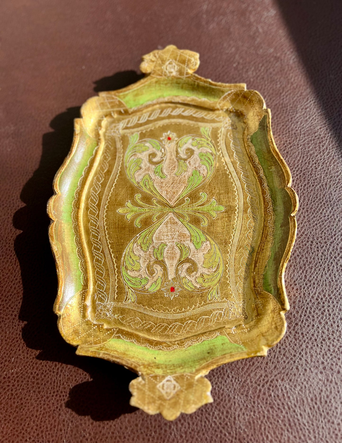 Florentine Italian Style Gold Gilded Vintage Decorative Wooden Tray Green and Gold