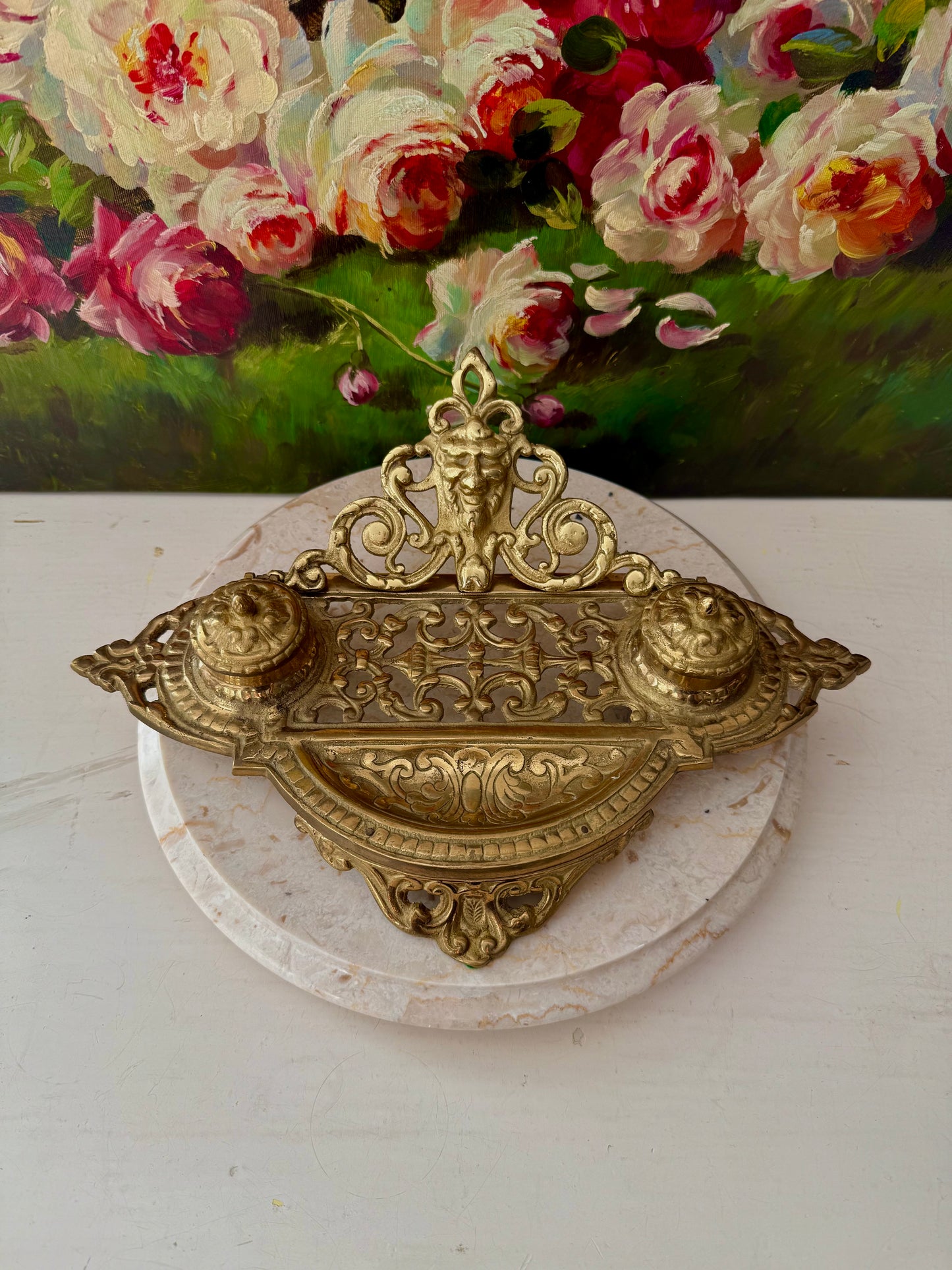 Andrea by Sadek Vintage Large Ornate Double Brass Inkwell, Made in Japan