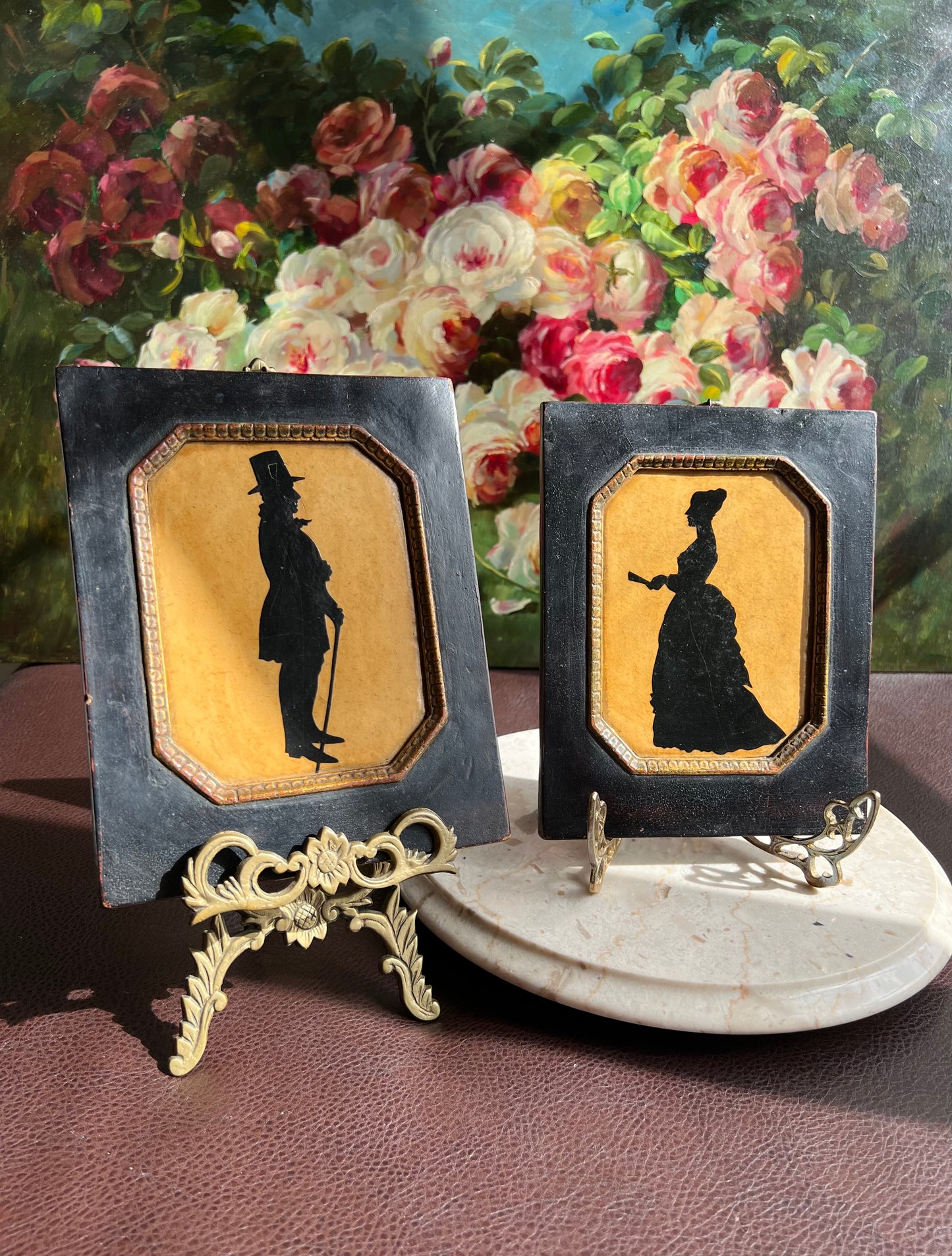 Antique Style Borghese Silhouette Plaque Portrait of a Victorian Lady and Gentleman with Wooden Framed (2 pc, a pair)