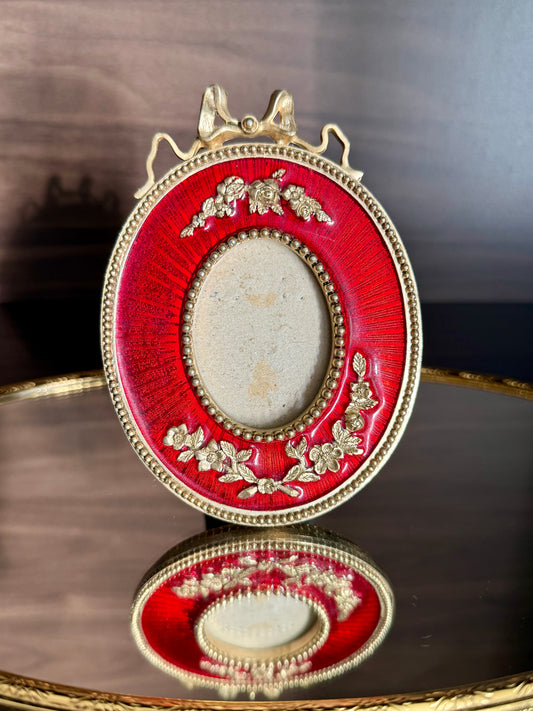 1980s Terragrafics Vintage Mini Ruby Red Oval Enamel Photo/ Picture Frame Bow on Top