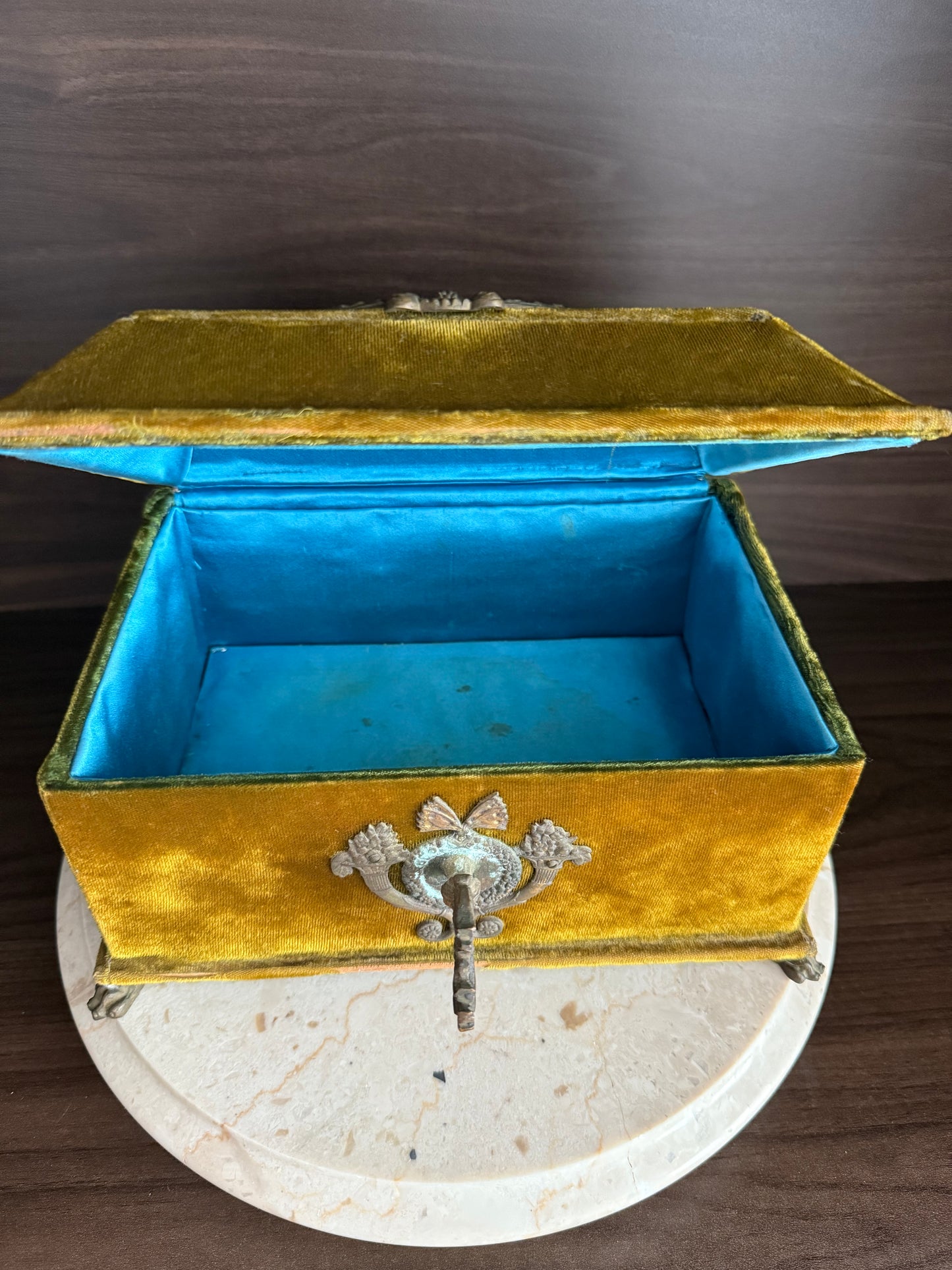 Antique Victorian Jewelry Box “Boudoir” or Sewing Box in Mustard/ Golden/ Green Velvet, Inside Blue Silk from the Early 20th Century