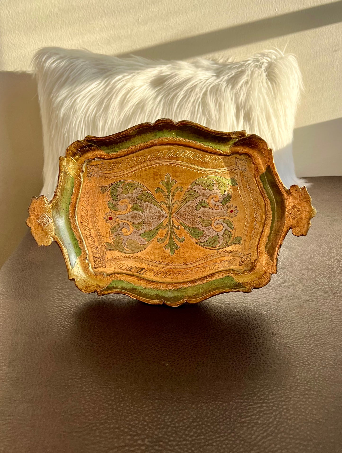 Florentine Italian Style Gold Gilded Vintage Decorative Wooden Tray Green and Gold