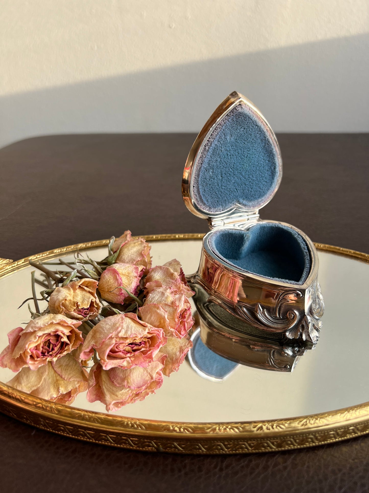 Antique Art Nouveau Silver Plated Heart Shaped Vintage Jewelry Ring Holder, Trinket Box, Blue Velvet Lined Interior