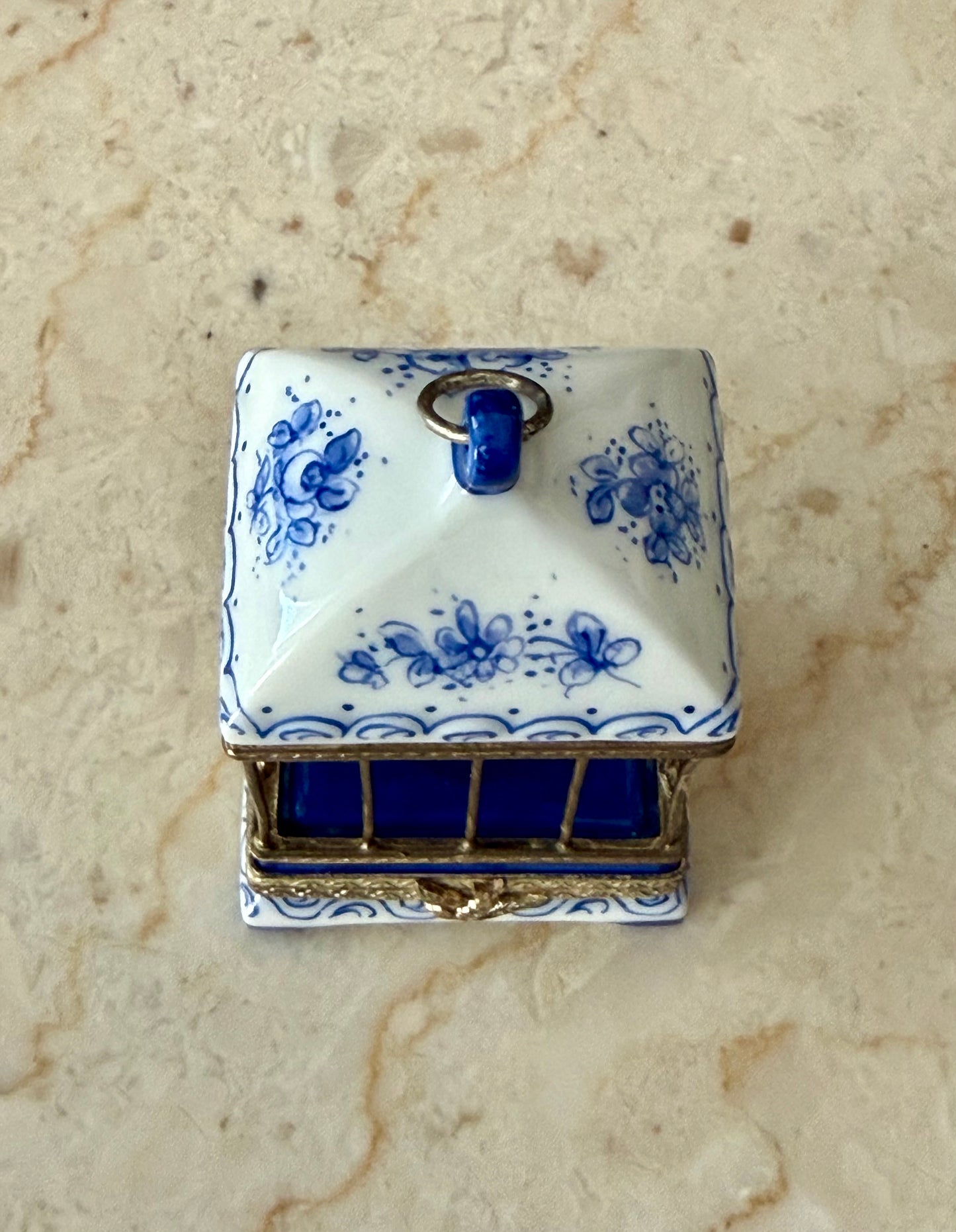 French Limoges Hand-painted Vintage Porcelain Love Birds in Cage Trinket/ Pill or Jewelry Box