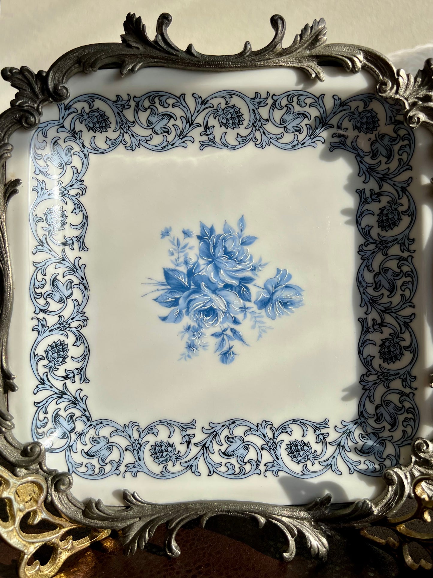 Bavaria Blue Floral Porcelain Square Plate with Decorative Metal Border