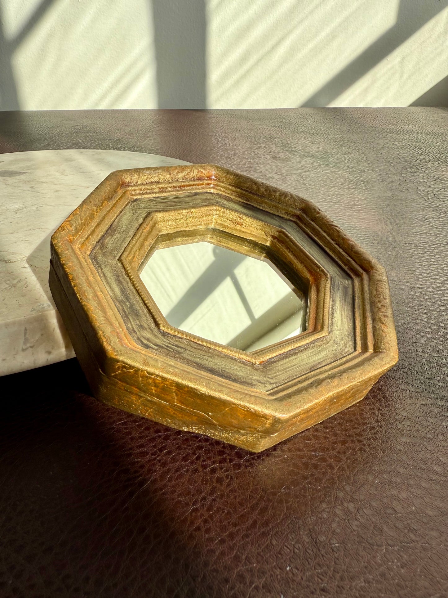 Italian Florentine Gold gilded Wooden Framed Mini Octagon Vintage Wall Mirror