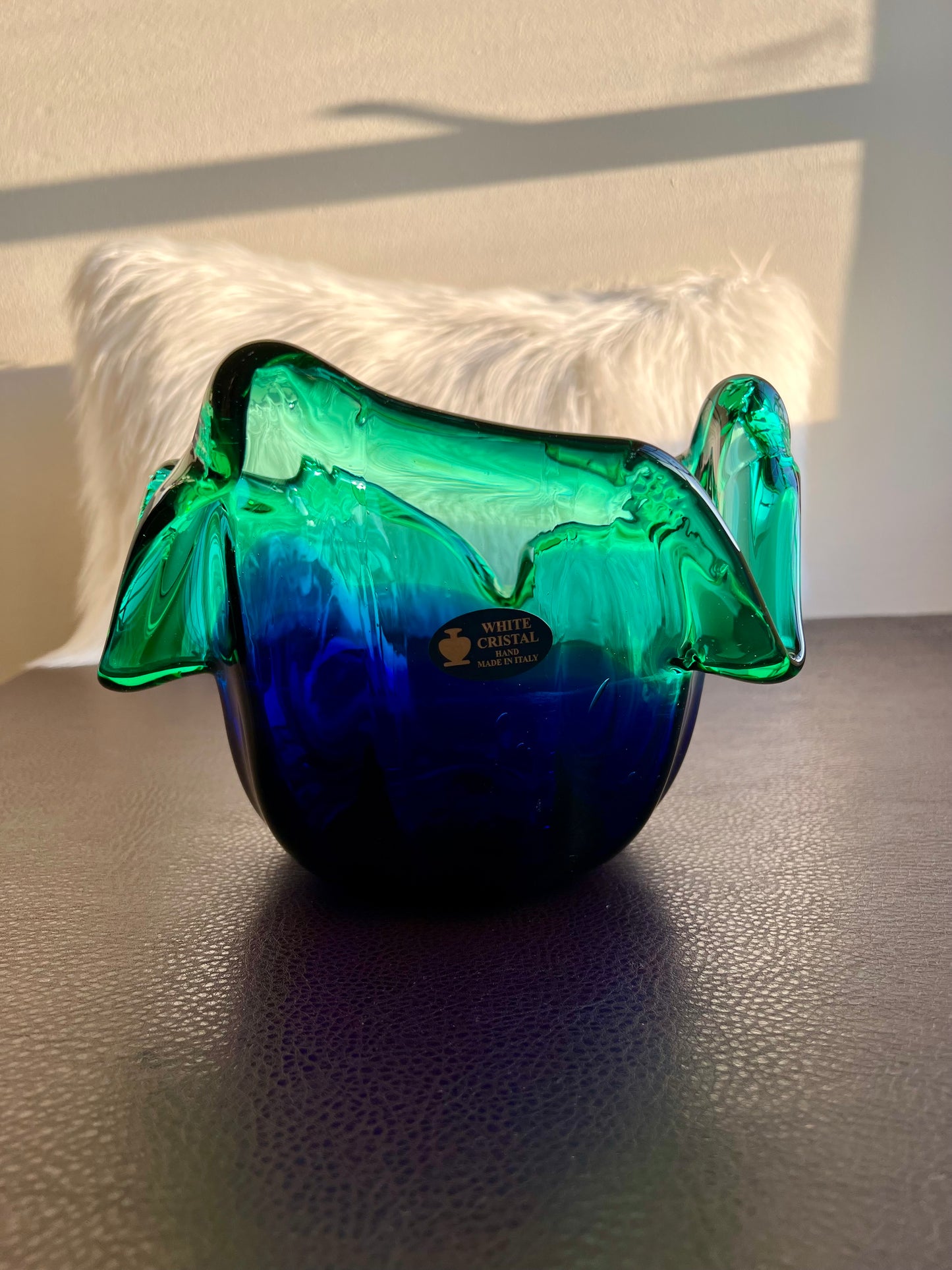 MURANO Blue and Green Extra Large Vintage White Crystal Glass Bowl, Decorative Dish or Vase - Made in Italy