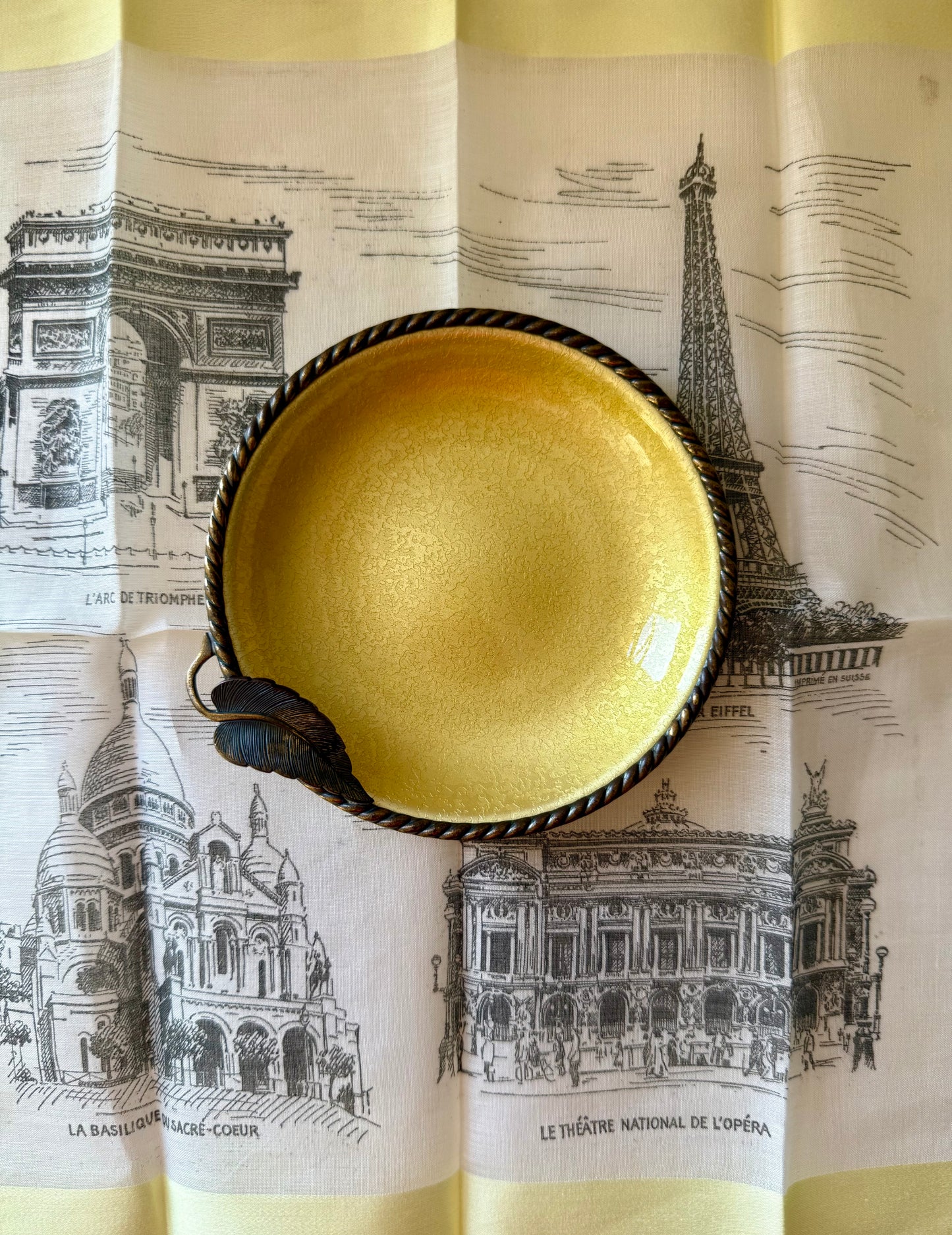 Vintage 1950s Small Yellow Round Guilloche Ashtray, Enamel on Metal Dish/ Plate or Jewelry Holder Tray with Leaf Decoration by Evans