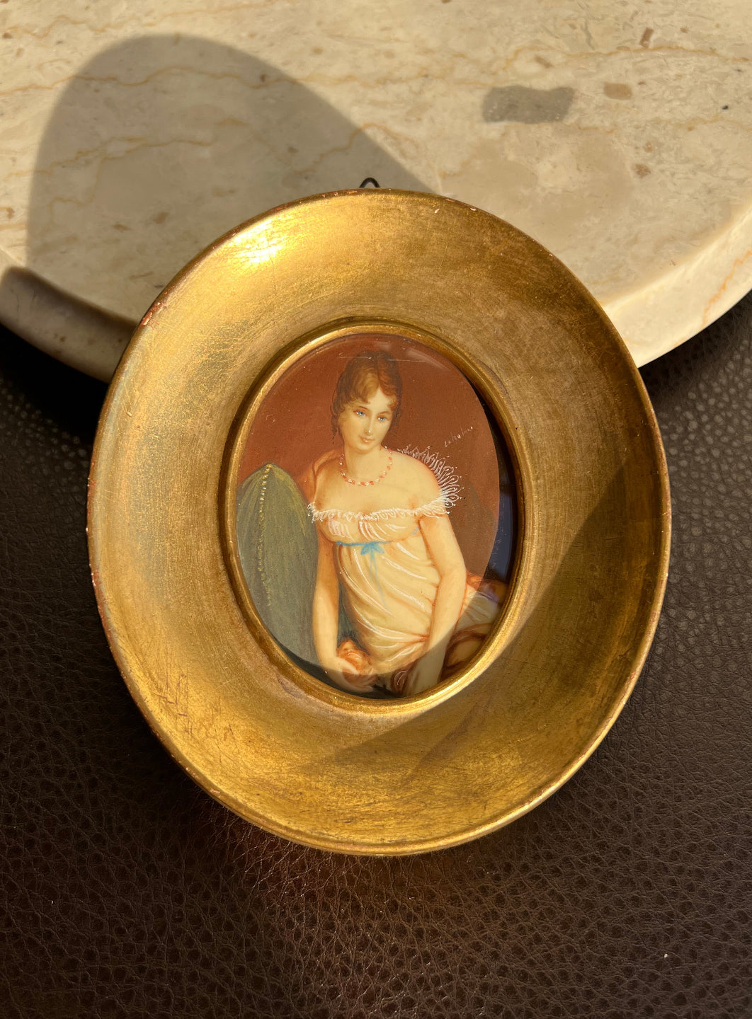 Antique/ Vintage Miniature Italian Original, Signed Hand Painted Portrait, Lady in Nightgown with Gilded Wooden Frame